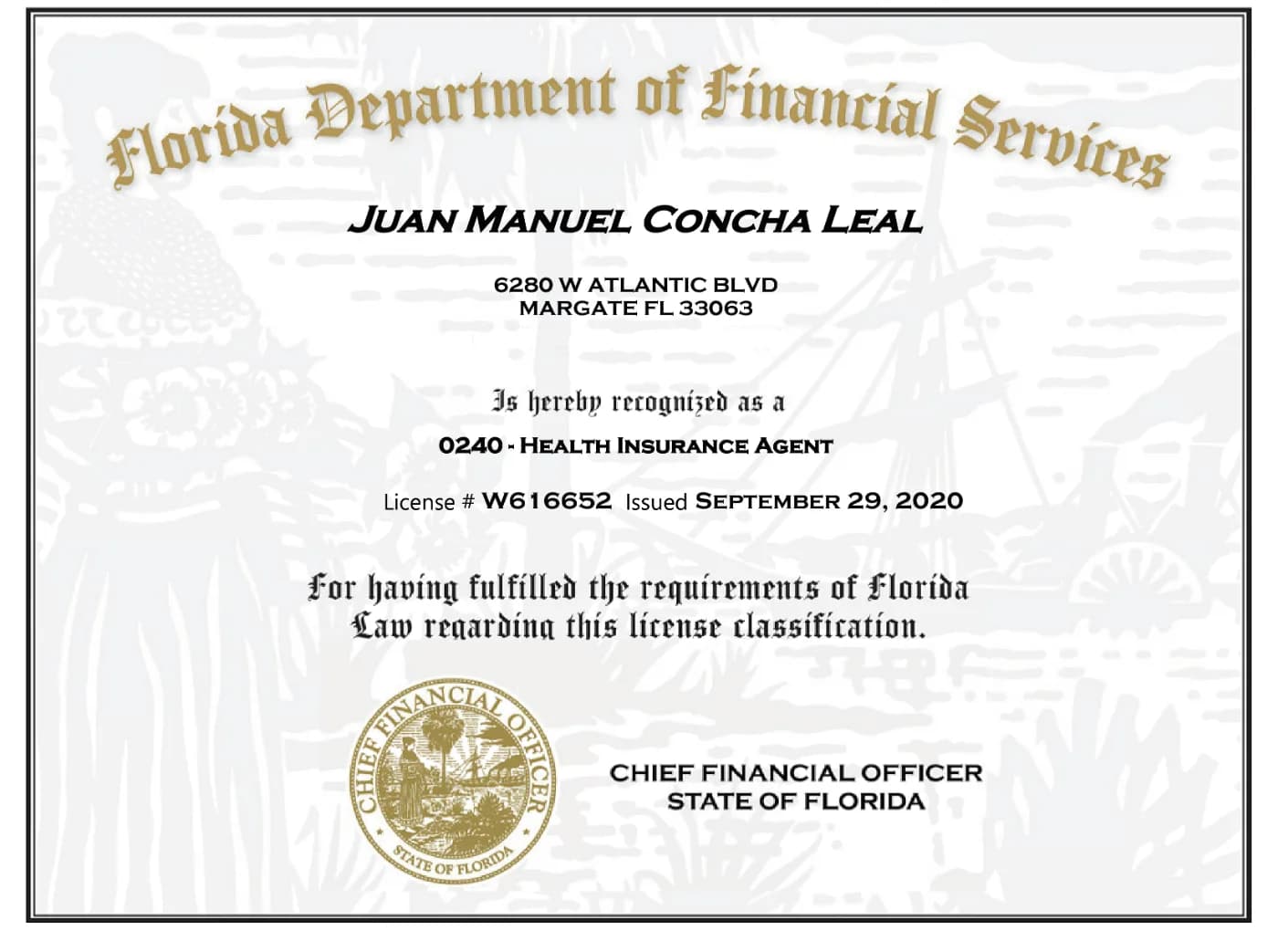 Licencia de Florida de Juan Manuel Concha: Agente de seguros de salud